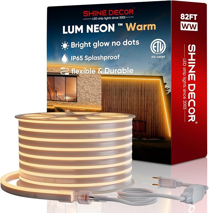 82FT/25M LED Neon Rope Lights, Warm White AC 110V-120V Neon Strip Lights, 8x16mm Cuttable Waterproof SMD2835 120LEDs/M Indoor Outdoor Light Strips, DIY Ambiance Lighting Decoration
