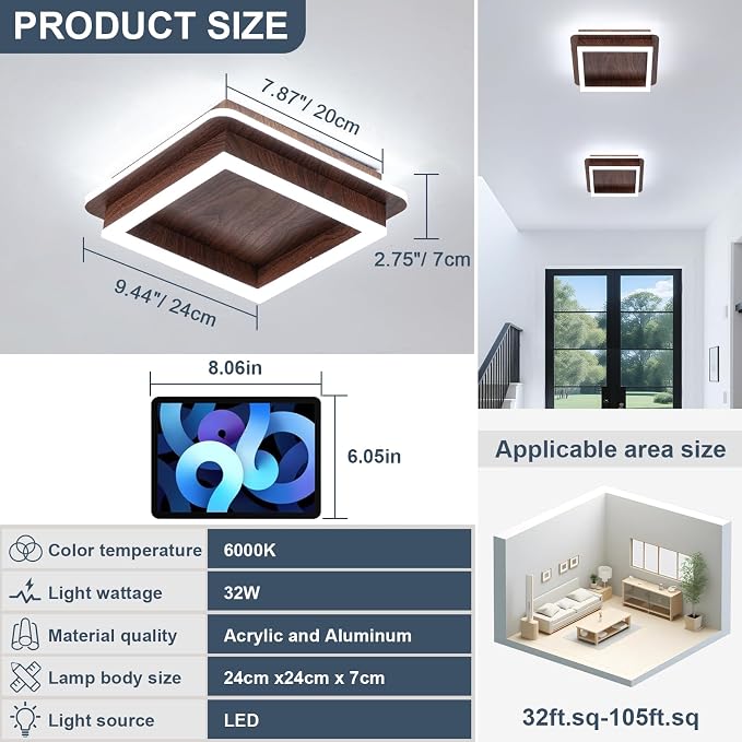CANEOE Square Modern LED Light Fixture, 32W Flush Mount Hallway Light, 6000K Small Close to Ceiling Lamp for Living Room, Bedroom, Kitchen, Balcony, Cloakroom (Wood, 1 Pack)