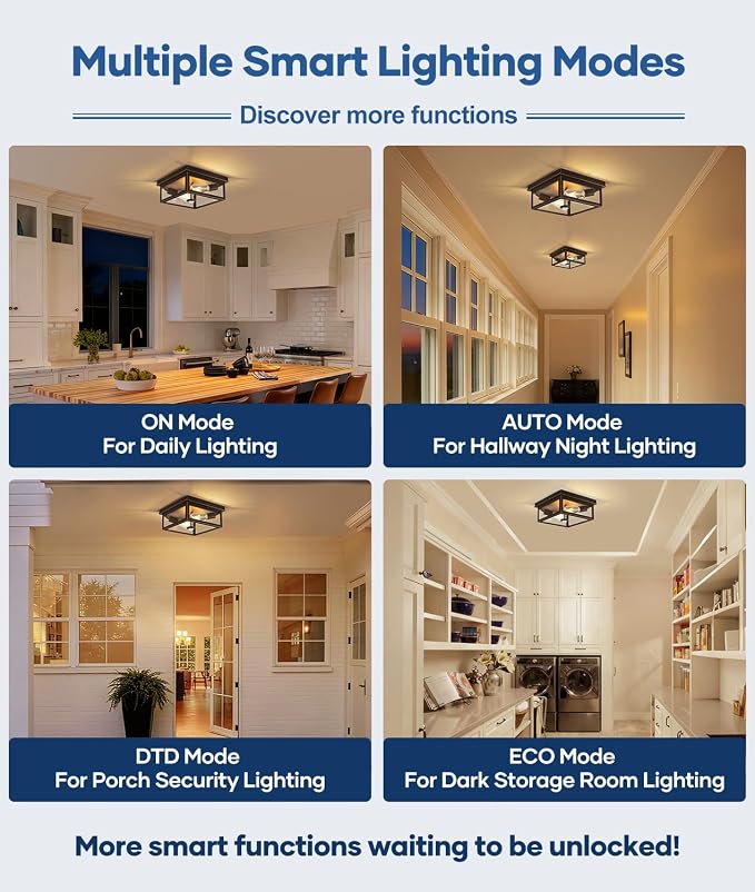 Motion Sensor Outdoor Ceiling Light with Remote, 10 Inch Brown and Gold Flush Mount Porch Light Fixture with United Glass Cover, 5 Modes Outside Flush Mount Light for Porch, Garage, Entryway