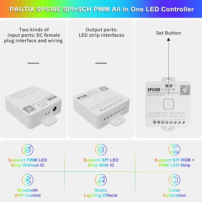 PAUTIX SP530E WiFi Bluetooth LED Controller Alexa/Google 12-in-1 LED Dimmer Support PWM/SPI Single Color CCT RGB RGBW RGBCCT IC LED Strip WS2811 WS2812,for COB/5050 2835 LED Strip Lights DC5V 12V 24V