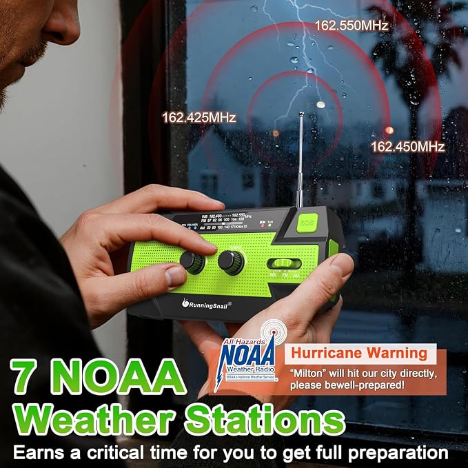 RunningSnail Emergency Crank Radio with 1W 3 Mode Flashlight & Reading Lamp | AM FM NOAA Weather Radio,Solar Power,Hand Crank,4000mAh Phone Charger,SOS for Home and Emergencies
