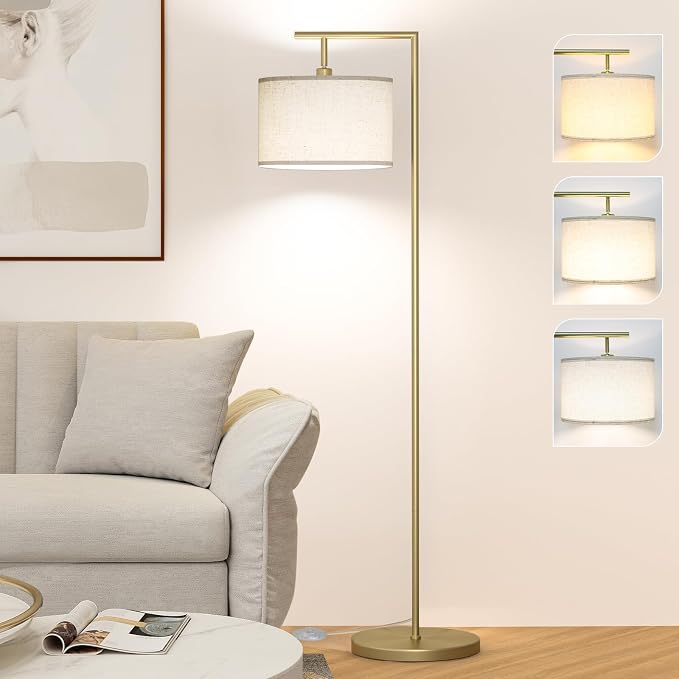 63" Gold Floor Lamp for Living Room, Modern Standing Lamp, 1 Pack | 3 Color Temperatures, Adjustable Beige Linen Lampshade, For Living Room Bedroom Office Classroom Dorm, 9W LED Bulb Included