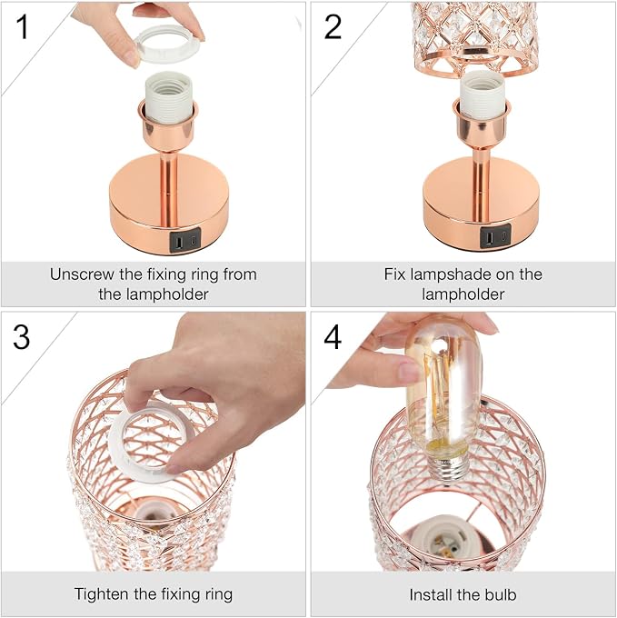 Pink Crystal Table Lamp, 3 Way Dimmable Touch Lamps for Night Stands | Rose Gold, Touch Control, USB C+A Charging Port, Desk Lamps for girls Bedroom, Living Room, Home Office, Room Decor