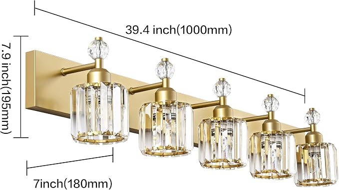 PRESDE 5-Crystal Bathroom Vanity Light Modern Gold Bathroom Lights Fixtures Over Mirror Modern Bath Wall Lighting