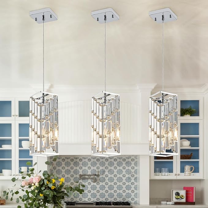 CATINER Chrome Crystal Pendant Light 3-Pack, Kitchen Island, E26 | Chrome crystal pendant lights 3-pack with adjustable 59" cords, E26 base, dimmable for kitchen island lighting