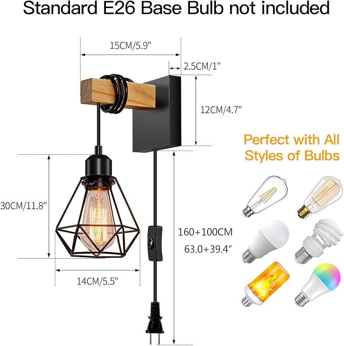 foucasal Plug in Wall Sconces Set of Two, Farmhouse Wall Light Plug in | 8.53FT On/Off Switch Cord, Indoor Rustic Wall Mounted Lamps Set of 2 for Bedroom, Living Room, Bathroom, Entryway, Porch