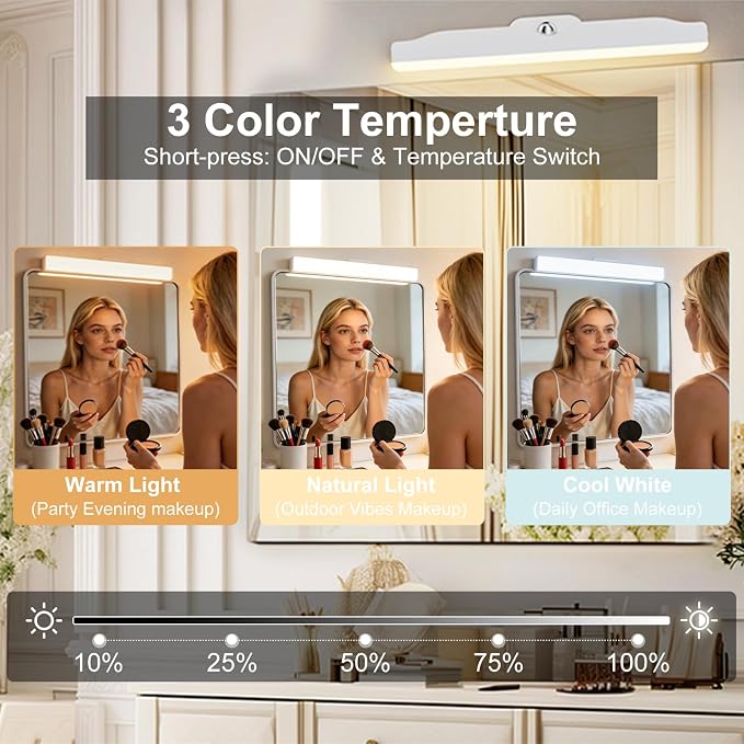 Rechargeable Vanity Mirror Lights, Magnetic Stick On Makeup Lamp Cordless | 3 Color Temperature & Dimmable,Touch & Remote Control,360° Rotatable,Ideal for Bathroom Mirror,Bedroom & Reading Lighting