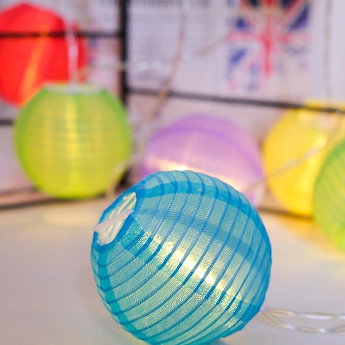 RJZZ Lantern String Lights Multicolor Lantern Lights 9.4Ft Nylon Lanterns with Lights Battery Operated 10 Count Summer String Lights Indoor Outdoor Hanging Lights for Bedroom, Nursery, Patio, Party