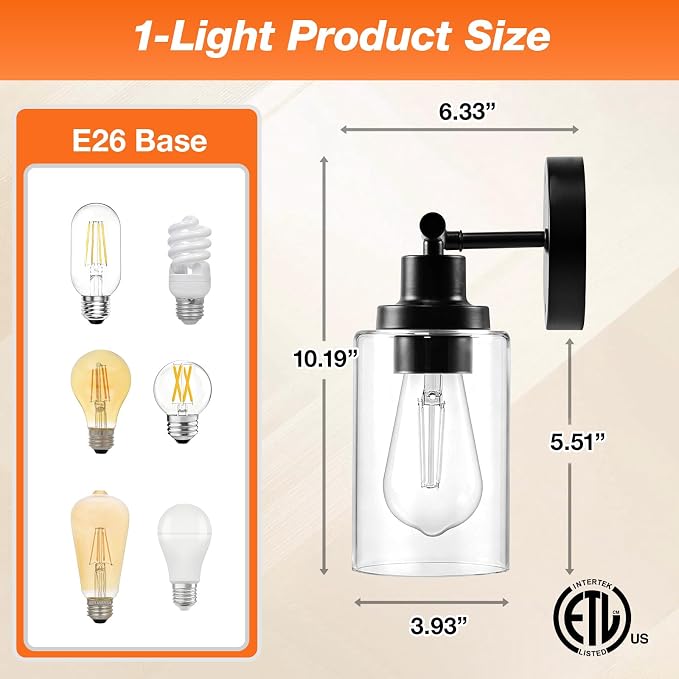 LEDVANCE Sylvania Bathroom Light Fixture with 1 Clear Glass Shade, Iron with Black Finish, E26 Medium Base, Vanity Lights for Bathrooms, Foyers, Entryways - 2 Pack (67970)