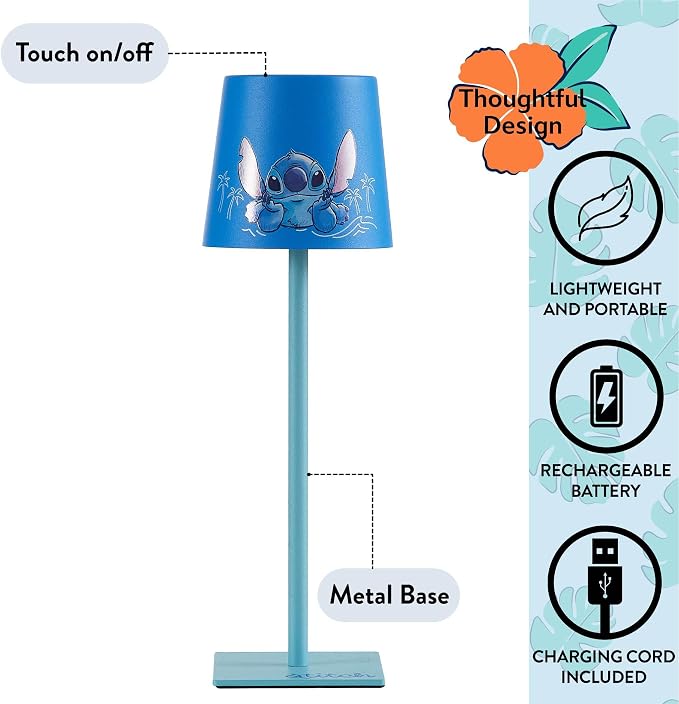 Disney Lilo and Stitch Kids Touch Night Light Lamp, Rechargeable Battery Operated Bedroom Table Lamp with Touch On/Off, Portable LED Desk Light with Charging Cord for Nursery & Children’s Room
