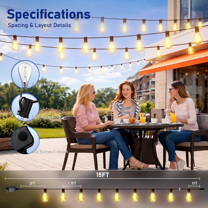 15FT Outdoor String Lights with Remote & Dimmable, 8+1 Shatterproof Waterproof Bulbs, Dimmable Outside Hanging Patio Lights for Backyard, Porch, Deck, Garden 2700K Warm White