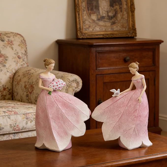 Guichifun Pink Leaf Angel Girls Fairy Statue, 8.5 x 5.25 x 12 Inch | Resin, Home Garden Decor, For Outside or Inside, Rustic Fairy Garden Figurines, Gifts for Women