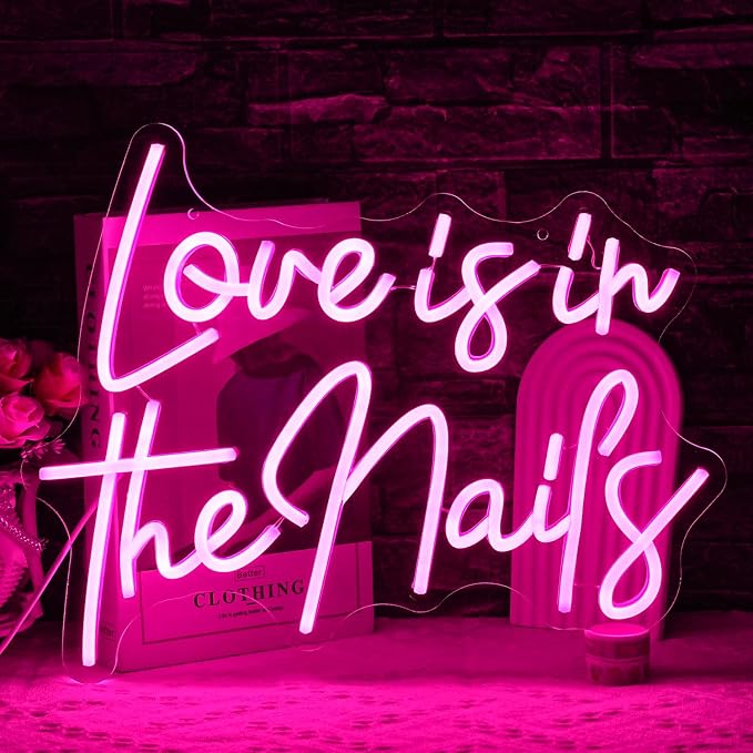"Love is in the nails" Neon Sign Nail Neon Light Pink LED Sign Letter Neon Light Up Sign for Nail Salon Beauty Salon Makeup Room Decoration(16.5 * 12.7)