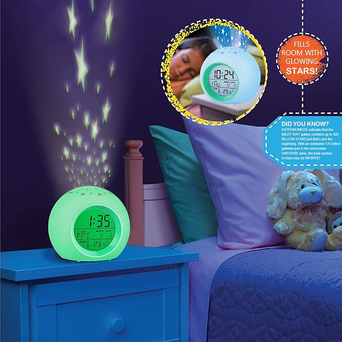 Tarklanda Alarm Clock for Kids,Moon Stars Projector Alarm Clock,7 Color Changing Night Light,Snooze Touch Control Temperature for Kids’ Bedroom, Digital Clock for Girls Boys Children Birthday Gifts