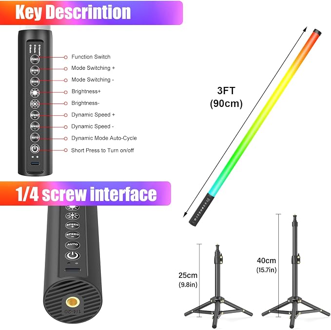 LUXCEO 2Pack 90cm RGB Tube Light Bar (3Ft) with Light Stand, 2.4G Remote Control, 5000 mAh Battery Powered LED Video Light Wand Stick for DJ Lighting, Dance Club and Photography Lighting