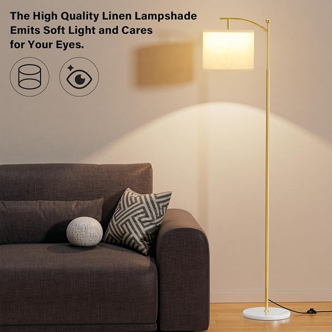 60" Floor Lamp for Living Room with 3 Color Temperatures, Gold Standing Lamp with White Marble Base, Modern Tall Lamp for Bedroom Office, 9W LED Bulb Included