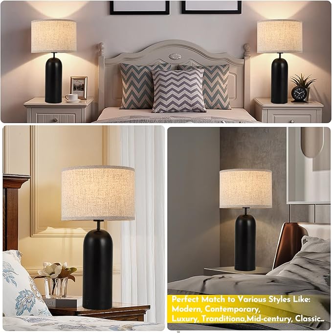 Black&Cream Table Lamps Set of 2 - 3-Way Dimmable with USB A+C Ports - Modern End Table Lamps for Living Room & Bedroom - 22inch