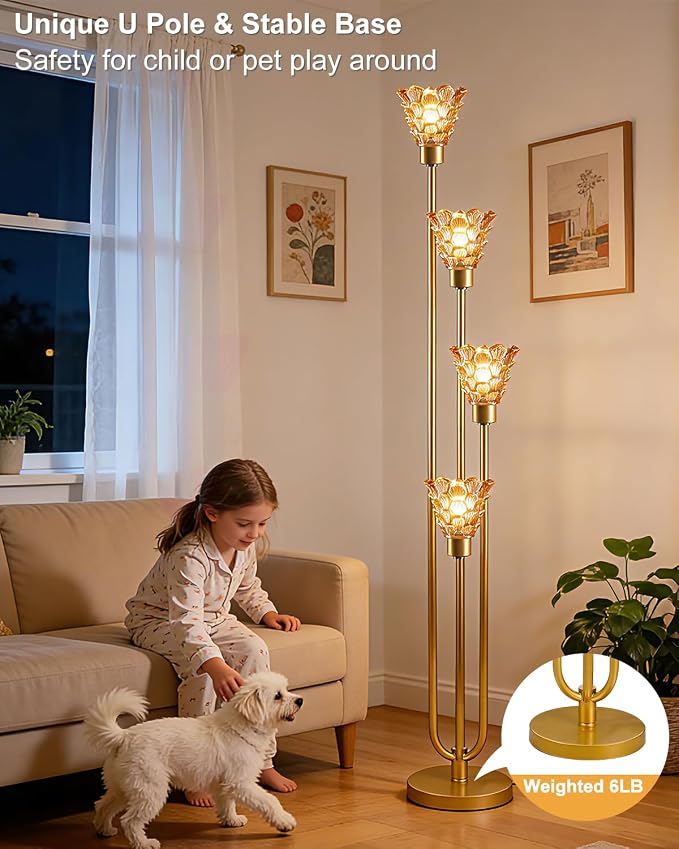 63IN 4-Lights Glass Floor Lamp Modern Dimmable Floor Lamps with Amber Glass Shade& Warm White Bulbs for Wedding/Party, Gold Tall Standing Lamp with 5Lbs Heavy Base for Living Room/Bedroom