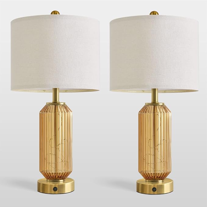 24.5" Bedside Table Lamps Set of 2, Amber Glass Nightstand Lamps with USB A+C Charging Ports and Night Light, Gold Modern Lamps for Bedroom, Living Room, End Table (2 Bulbs Included)