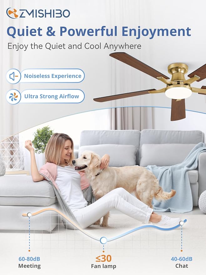 ZMISHIBO 52 Inch Ceiling Fans with Lights, Remote&App Control, Flush Mount | Low Profile, Dimmable 20W LED Light, Quiet Reversible Motor, Strong Airflow, Easy Install for Bedroom/Living Room/Apt, Gold