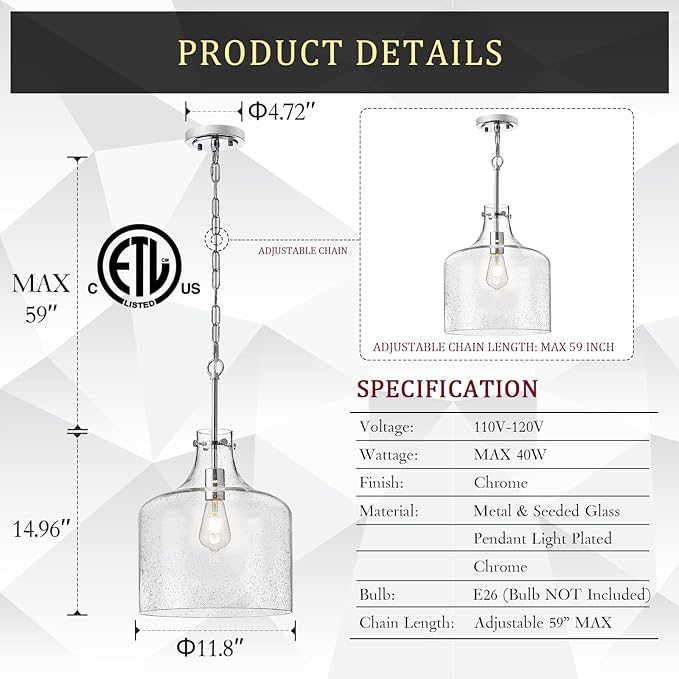 12" Chrome Seeded Glass Pendant Light, Modern Farmhouse Hanging Ceiling Light Fixture for Kitchen Island, Dining Room, Hallway, Hand-Blown Bubble Glass Shade, E26 Dimmable Pendant Lighting