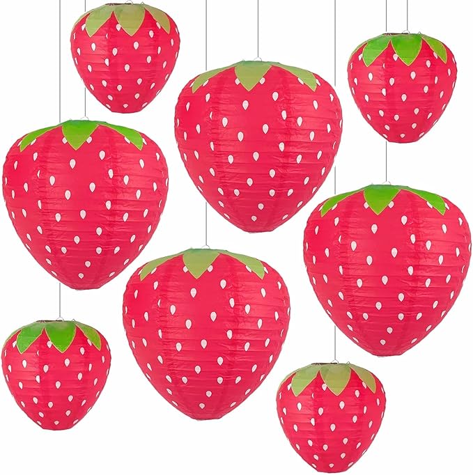 Strawberry Paper Lanterns, 8" & 12" Large Strawberry Hanging Lantern, Strawberry Hanging Decorations for Fruit Theme Birthday Party Decor(8 Pcs, Red)