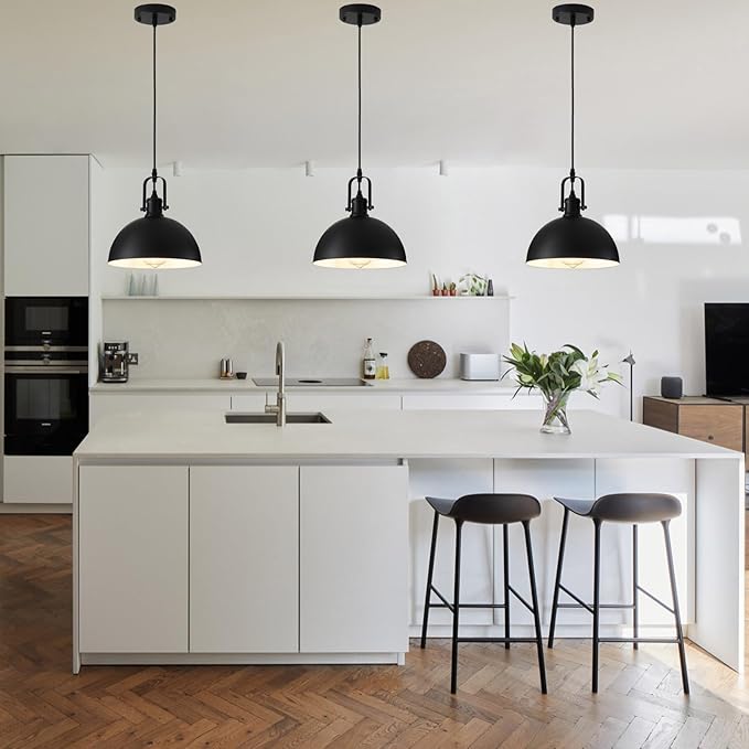 Pendant Lights Kitchen Island 3 Pack, Modern Matte Black Metal Hanging Light Fixtures, Adjustable Height Industrial Pendant Lighting for Dining Room Bedroom Bar Office 9.84”