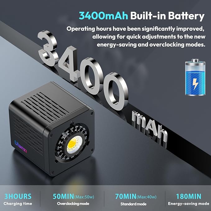 ULANZI 40W Pro RGB Portable LED Video Light w DC Power Adapter, 3400mAh Build-in Battery Metal Mini Adjustable Color Temperature COB Continuous Output Lighting Handheld Spotlight 2500K-6500K for Video