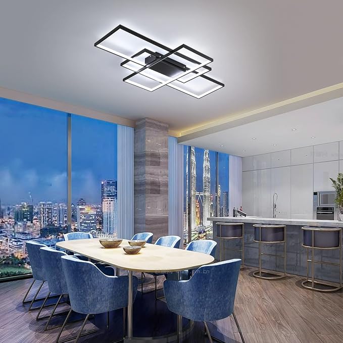 GEADI Modern 41.3in 3-Square LED Ceiling Light, 68W Black Flush Mount | Dimmable Rectangular Ceiling Lamp with Remote Control, 3000K-6000K, 5440 Lumens for Living Room, Dining Room and Kitchen