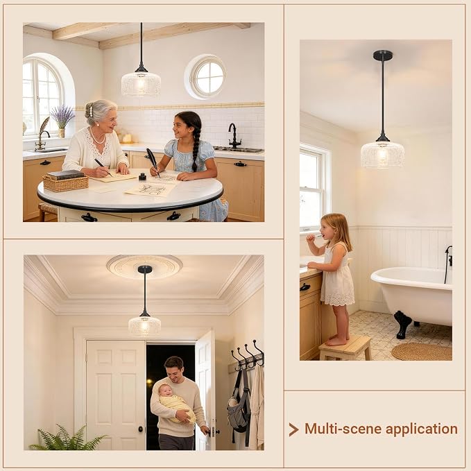 Black Vintage Pendant Lights Kitchen Island, Farmhouse Pendant Lights With Cracked Glass, Adjustable Hight & Angle Bathroom Hanging Lights Fixtures For Home Bedroom Hallway,Dining Room,E26 Socket