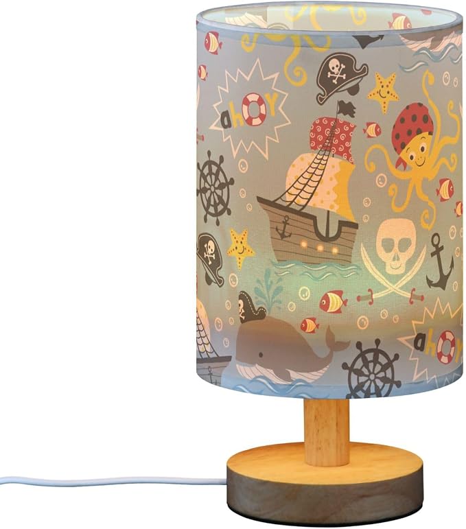 Table Lamp Pirate Marine Animal Octopus Whale Fish Nautical Skull Nightstand Lamp with Wood Base Fabric Lamp Shade Bedside Desk Lamp for Living Room Bedroom Kids Room Office