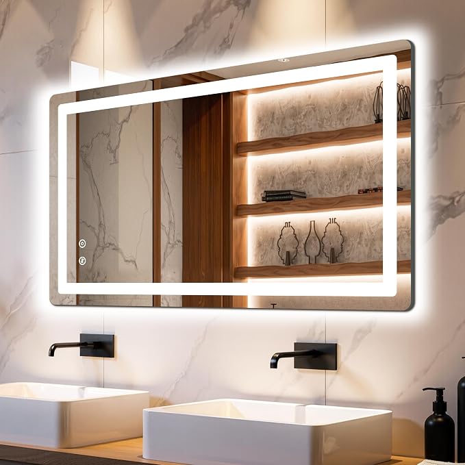 24x40 LED Bathroom Vanity Mirror with Lights, Anti-Fog, Dimmable | Front & Backlit with 3 Color Modes and Memory, 5mm Shatterproof Glass, Plug-in or Hardwired, Horizontal or Vertical