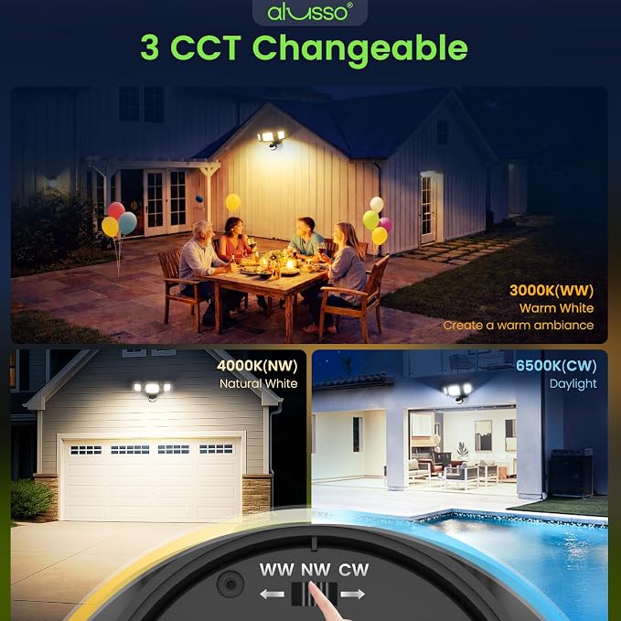 ALUSSO Motion Sensor Outdoor Lights, 40W 4000LM Flood Lights Outdoor 120V | 3CCT 3000K/4000K/6500K 3 Modes(Auto/Dusk to Dawn/On Time) Hardwired(Not Solar) Security Light for Garage Yard Porch,Black,ETL