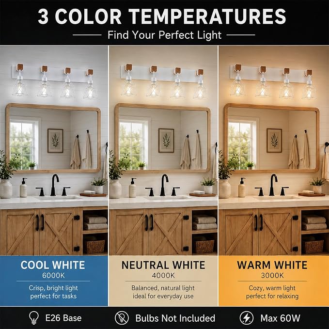Farmhouse Vanity Light Fixture,4-Light Bathroom Lighting,White Modern Wood Wall Light Over Mirror with Metal Shade,LED Bulbs Not Included
