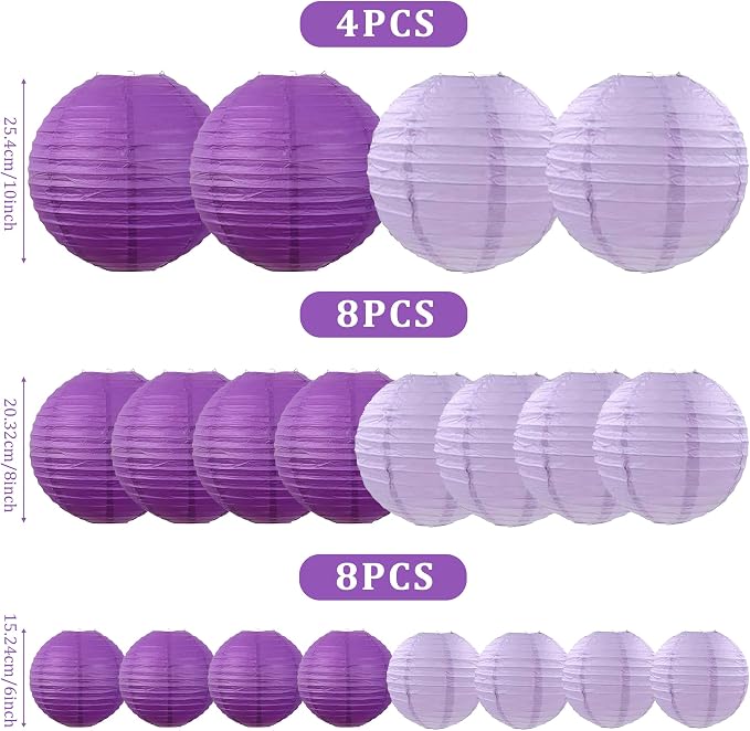 20Pcs Paper Lanterns Decorative, Purple Hanging Lanterns for Birthday | 6"8"10" Lavender Round Paper Lanterns Decorations for Bridal Shower Wedding Engagement Rustic Party Home Classroom Decor