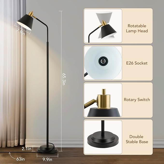 65.3" Floor Lamps for Living Room, Black Floor Lamp for Bedroom, Dual-Base Industrial Standing Lamp, Adjustable-Head Corner Lamp, Modern Tall Lamp, Living Room Light, Bulb Included, Black