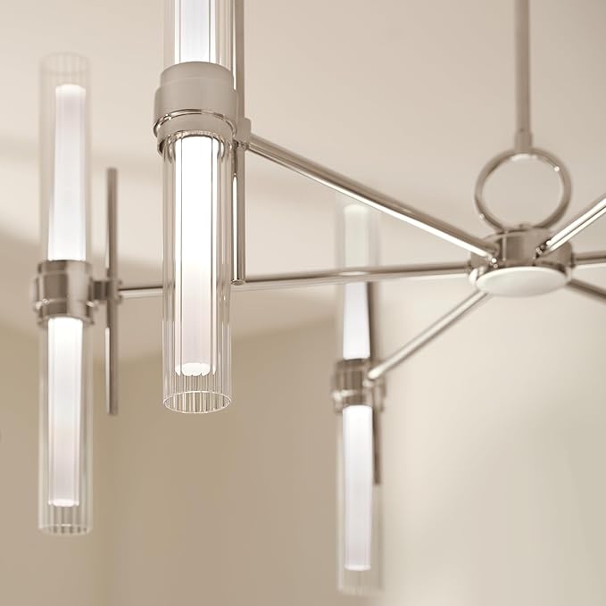 Kichler Riven LED 12-Light Chandelier with Clear Fluted Glass in Polished Nickel, Sloped Ceiling Compatible, for Kitchen or Dining Room (17" x 33"), 52752PNLED