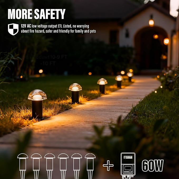 24Pack LED Landscape Lighting Low Voltage Pathway Lights Outdoor 1.5W 35 Lumen Mushroom Lights Weatherproof Path Lights for Garden, Yard, Walkway, Path, Warm White, 3000K