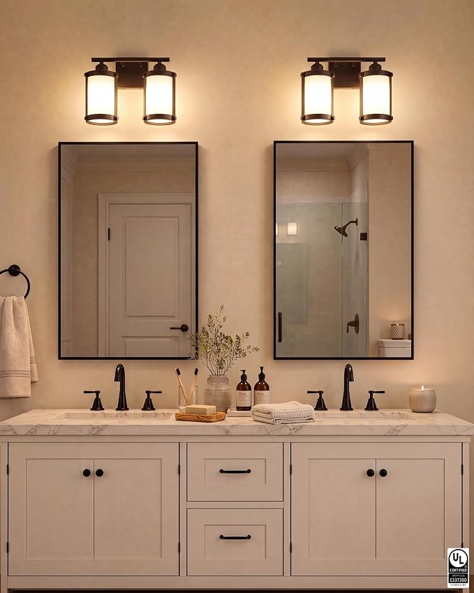 2-Light Oil Rubbed Bronze Bathroom Light Fixtures Over Mirror with Frosted Milk Glass and Metal Cage Shade, 13.2" UL-Listed Modern Farmhouse Wall Sconce for Bath, Hardwire E26, OS-3014ORBW-2W