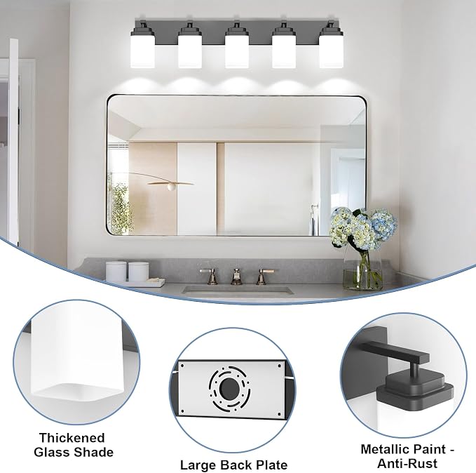 Matte Black Bathroom Light Fixtures, 5 Lights Bathroom Lighting Fixtures Over Mirror, Square Design & Rectangle Large Backplate, Modern Vanity Lighting Fixtures, for Living Room/Bedroom