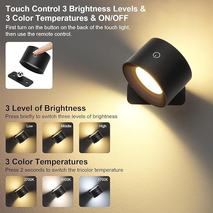 Lightess Battery Operated Wall Sconce Black, Remote Control, Set of 2 | 5000mAh Rechargeable, 19 Colors Dimmable, Stick on Wall Lights for Hallway, Bedroom, Living Room