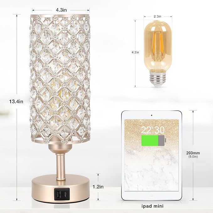 Crystal Table Lamp with USB C+A Ports, 3 Way Dimmable Touch Lamp with Crystal Shade, Champagne Gold Bedside Nightstand Small Lamp for Living Room Bedroom Home Office