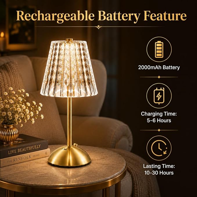Cordless Gold Table Lamp Rechargeable Touch Desk Lamp with 3 Color Temps | Small Dimmable Table Lamp With Crystal - Battery Operated Nightstand Lamp for Bedroom/Dining Table/Restaurant/Kitchen/Bar