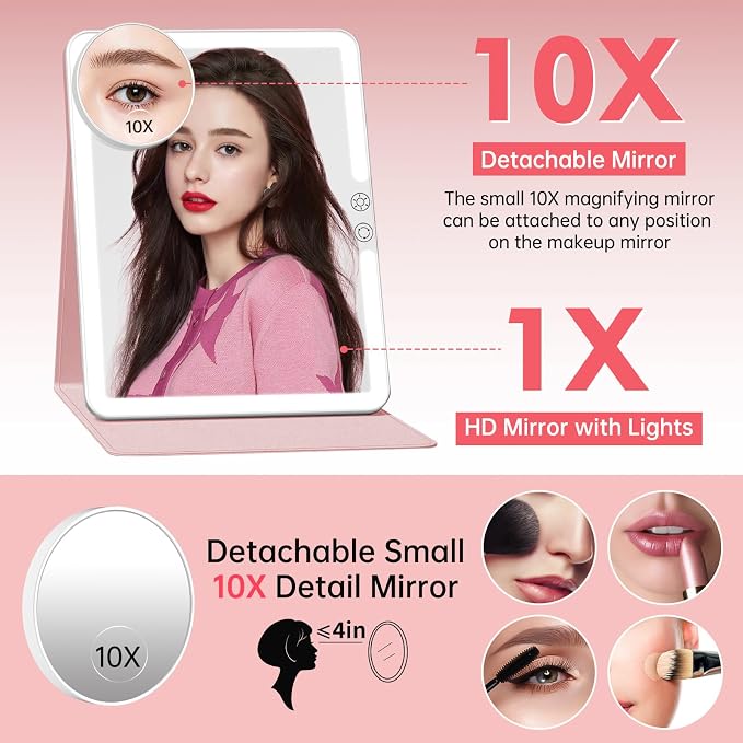 FUNTOUCH 2500mAh Large Rechargeable Travel Makeup Mirror with Lights (Pink) | Portable Makeup Mirror with 10X Magnifying Mirror 3 Lighting Modes, Tabletop Folding Travel Mirror with PU Leather Cover