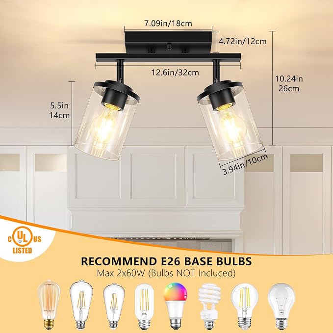 FadimiKoo 2-Lights Semi Flush Mount Ceiling Light, Modern Black Kitchen Light Fixtures Ceiling with Clear Glass Shade, Multi-Directional Track Lighting Kit for Entryway Bathroom Bedroom