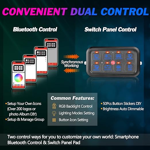 RGB 8 Gang Switch Panel Bluetooth 8 Switch Pods Relay System Box Multifunction 3 Modes Toggle Momentary Pulsed Dimmable Touch Switches for Trucks RV Boat Off Road ATV UTV SUV RZR Boat
