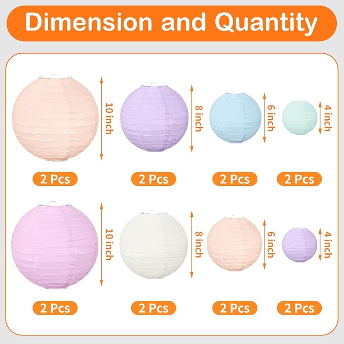 16 Pcs Pastel Paper Lanterns Party Decorations 4'' 6'' 8'' 10'' Colorful Hanging Lanterns Classroom Ceiling Decor Macaron Color Round Decorative for Indoor Outdoor Back to School Wedding Birthday