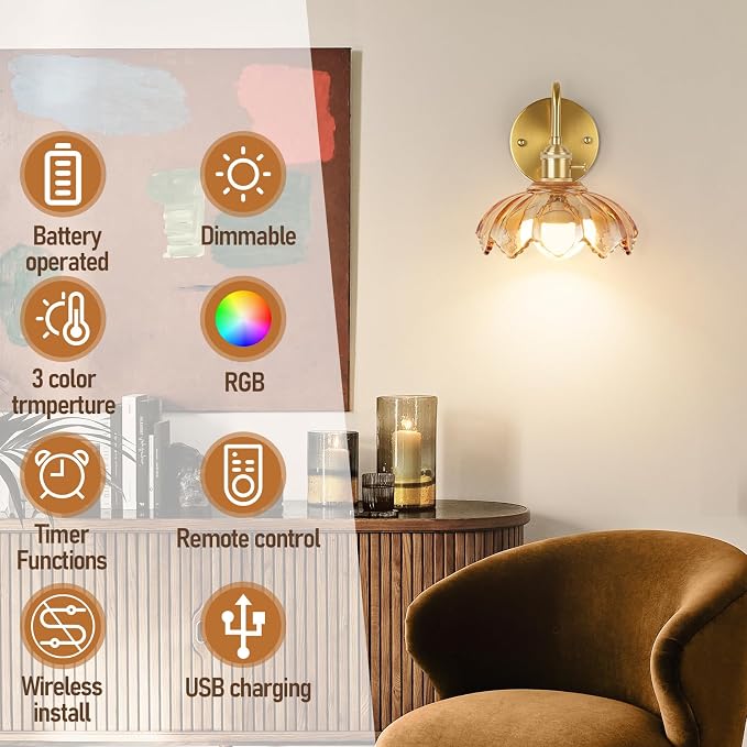 Vintage Glass Sconces, Battery Operated Wall Light with Remote, Rechargeable Wall Sconces RGB, No Socket Required, Easy to Install, Vintage Wall Sconce for Bedroom, Hallway, Aisle