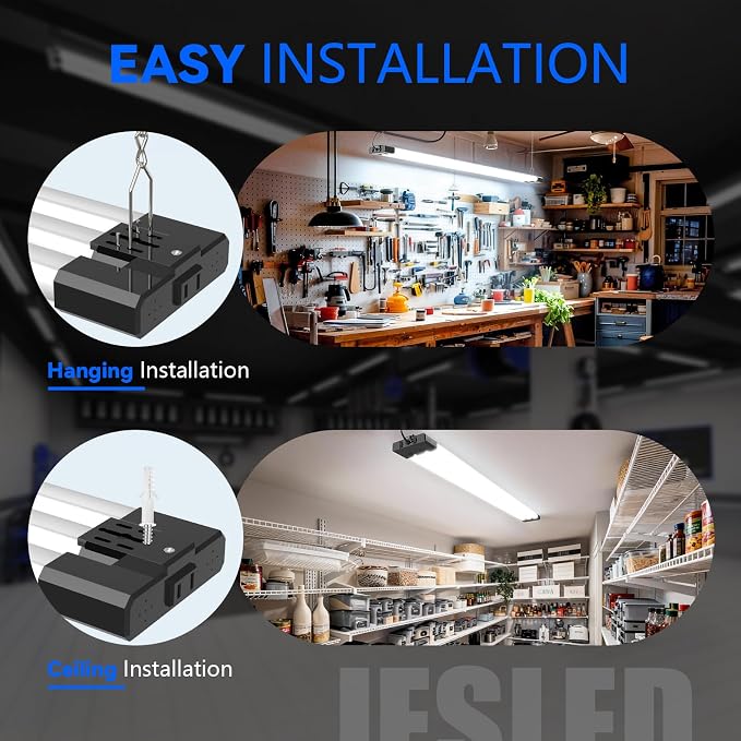 JESLED LED Shop Lights 4FT 7500LM, 3CCT & 3 Wattage Adjustable, ETL | 3CCT 4000K, 5000K & 6500K, 30W/40W/50W Selectable, Linkable for Garages & Workshops, Ceiling or Hanging Mount, 4 Pack