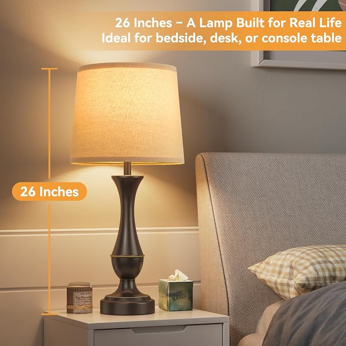 Touch Lamps for Nightstand, 3 Way Dimmable Lamps for Bedroom with USB C+A | Touch Control, USB C+A Charging Ports, Table Lamps for Living Room, Night Stands, Bedside, Bedroom, Bulb Included, Brown